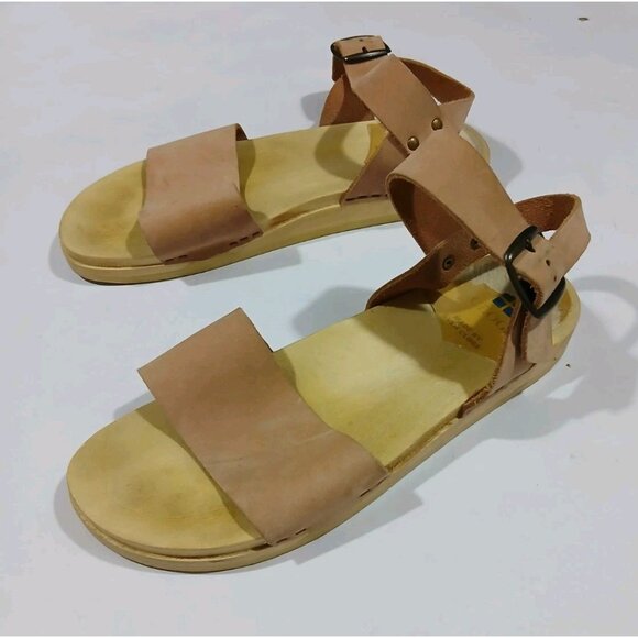 Sven 2 Strap Open Toe Low Clogs Sandals Size 41 10.5-11 Nu Buc Tan Flat Buckle - Picture 4 of 12